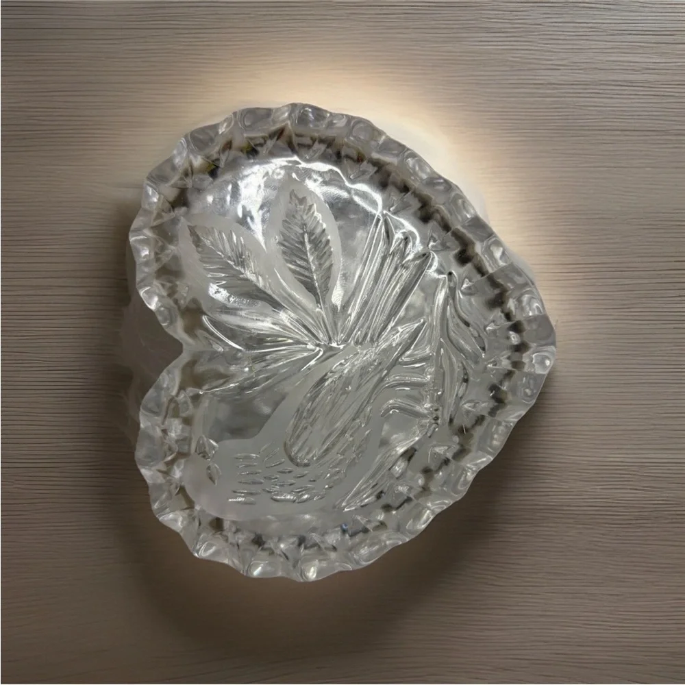 Vintage Hofbauer Byrdes Crystal Heart Dish Bird Etched Trinket Candy Box
